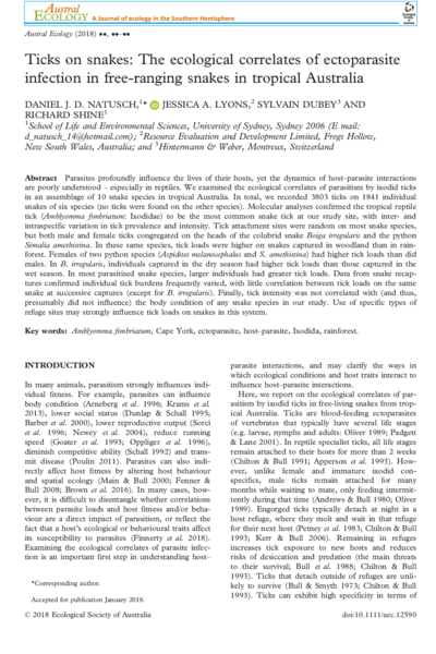 Ticks on snakes: The ecological correlates of ectoparasite infection in free‐ranging snakes in tropical Australia