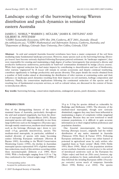 Landscape ecology of the burrowing bettong: Warren distribution and patch dynamics in semiarid eastern Australia