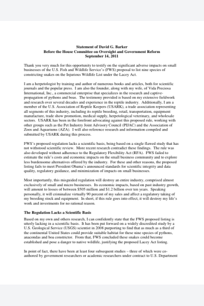 Statement of David G. Barker Before the House Committee on Oversight and Government Reform