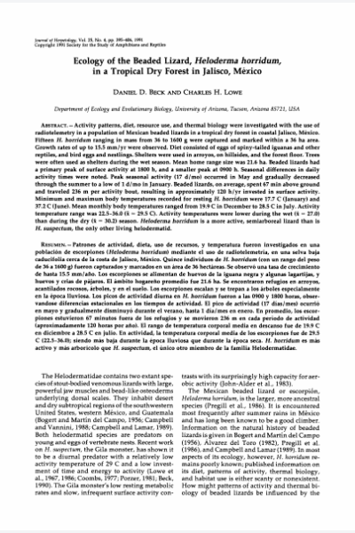 Ecology of the Beaded Lizard, Heloderma horridum, in a Tropical Dry Forest in Jalisco, Mexico