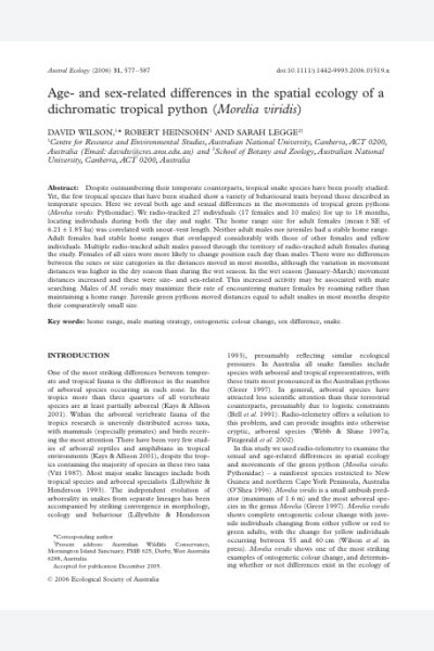 Age‐ and sex‐related differences in the spatial ecology of a dichromatic tropical python (Morelia viridis)