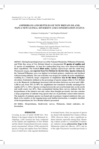 Amphibians and Reptiles of New Britain Island, Papua New Guinea: diversity and conservation status