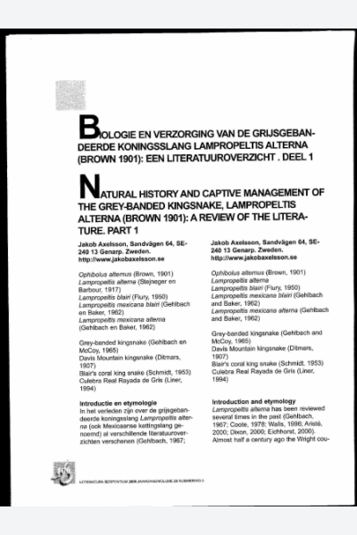 Natural history and captive management of the Grey-banded Kingsnake, Lampropeltis alterna (brown 1901): a review of the literature. Part 1