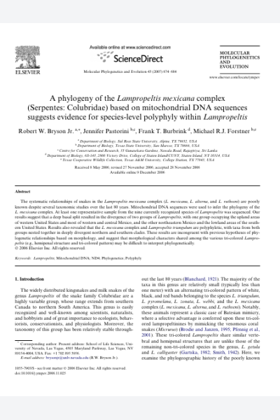 A phylogeny of the Lampropeltis mexicana complex (Serpentes: Colubridae) based on mitochondrial DNA sequences suggests evidence for species-level polyphyly within Lampropeltis