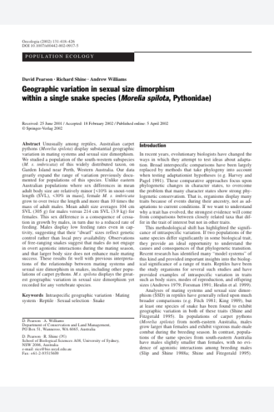 Geographic variation in sexual size dimorphism within a single snake species (Morelia spilota, Pythonidae)