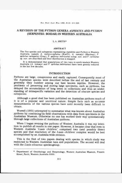 A revision of the python genera Aspidites and Python (Serpentes: Boidae) in Western Australia