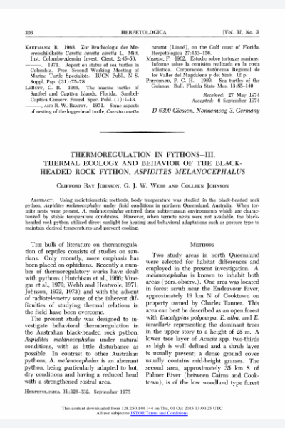 Thermoregulation in Pythons-III. Thermal ecology and behavior of the blackheaded rock python, Aspidites melanocephalus