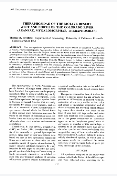 Theraphosidae of the Mojave desert west and north of the Colorado River (Araneae, Mygalomorphae, Theraphosidae)
