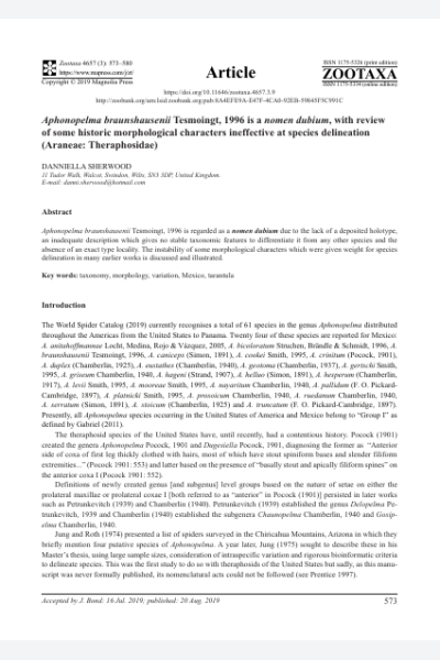 Aphonopelma braunshausenii Tesmoingt, 1996 is a nomen dubium, with review of some historic morphological characters ineffective at species delineation (Araneae: Theraphosidae)