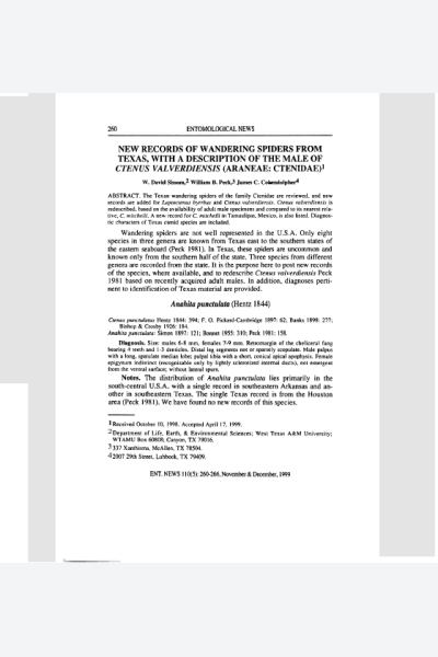 New Records of Wandering Spiders from Texas, with a Description of the Male of Ctenus Valverdiensis (Araneae: Ctenidae)