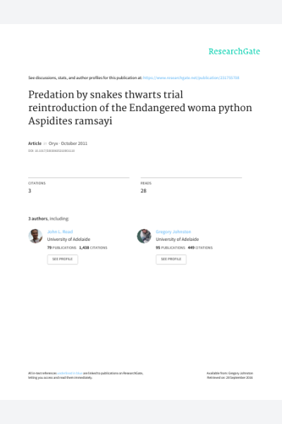 Predation by snakes thwarts trial reintroduction of the Endangered woma python Aspidites ramsayi