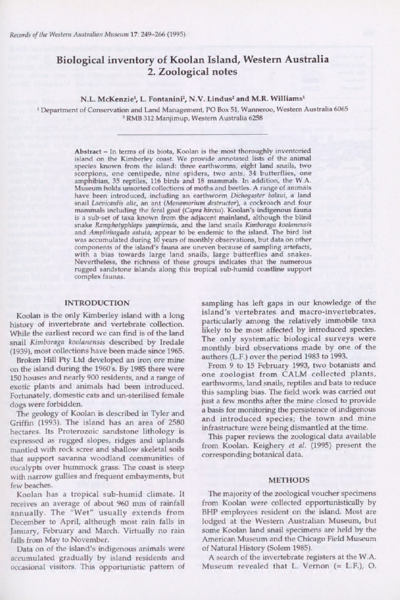Biological Inventory of Koolan Island, Western Australia 2. Zoological Notes.