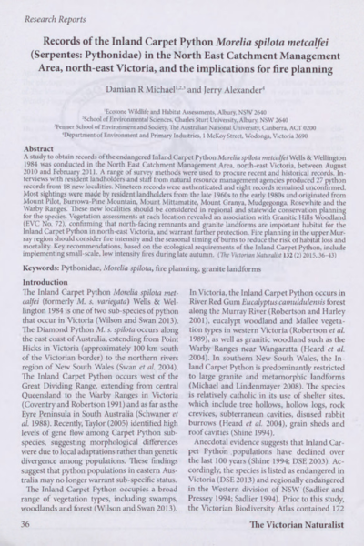 Records of the Inland Carpet Python 'Morelia spilota metcalfei' (Serpentes: Pythonidae) in the North East Catchment Management Area, north-east Victoria, and the implications for fire planning