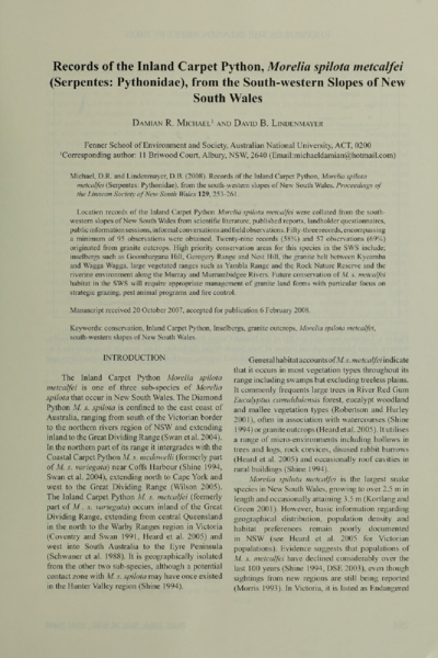 Records of the Inland Carpet Python, Morelia spilota metcalfei (Serpentes: Pythonidae), from the South-Western Slopes of New South Wales