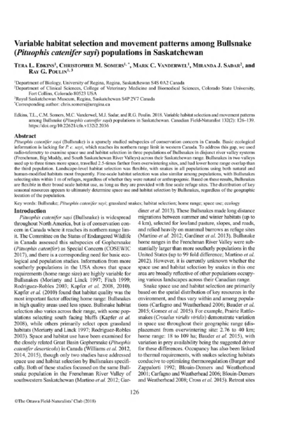 Variable habitat selection and movement patterns among Bullsnake (Pituophis catenifer sayi) populations in Saskatchewan