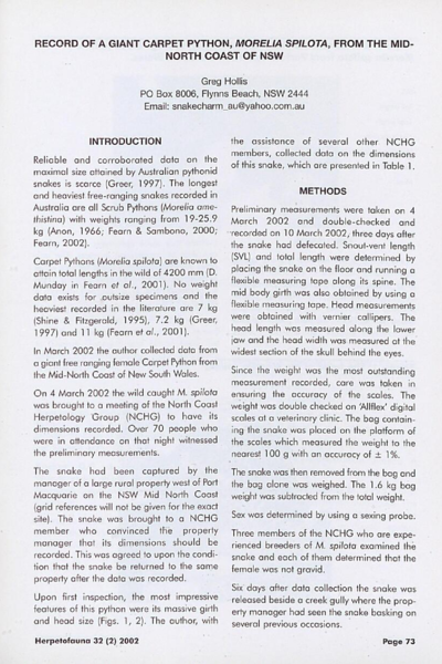 Record of a giant Carpet Python (Morelia spilota) from the mid-north coast of NSW
