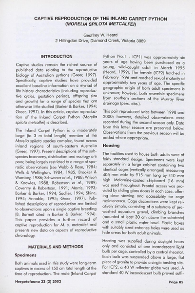 Captive reproduction of the Inland Carpet Python (Morelia spilota metcalfei)