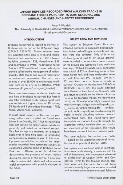 Larger reptiles recorded from walking tracks in Brisbane Forest Park, 1991–2001: Seasonal and annual changes and habitat preference