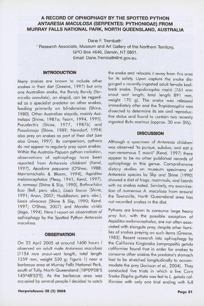 A record of ophiophagy by the Spotted Python Antaresia maculosa (Serpentes: Pythonidae) from Murray Falls National Park, North Queensland, Australia
