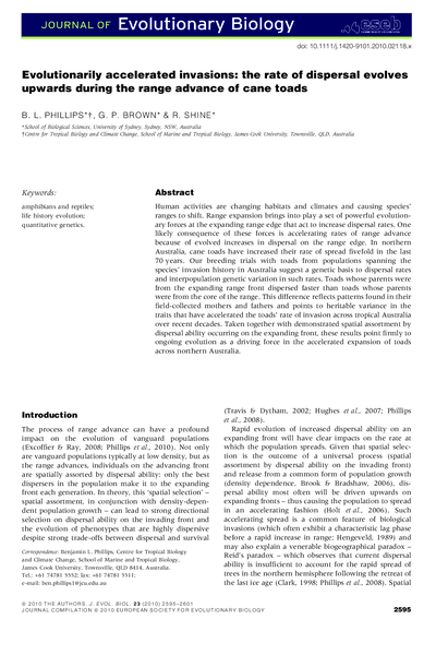 Evolutionarily accelerated invasions: the rate of dispersal evolves upwards during the range advance of cane toads