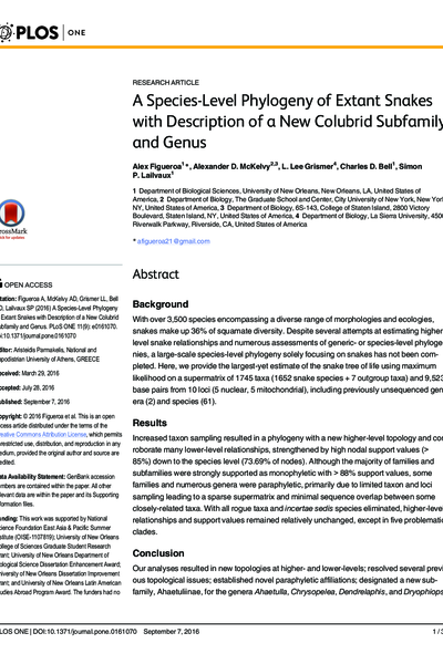 A Species-Level Phylogeny of Extant Snakes with Description of a New Colubrid Subfamily and Genus