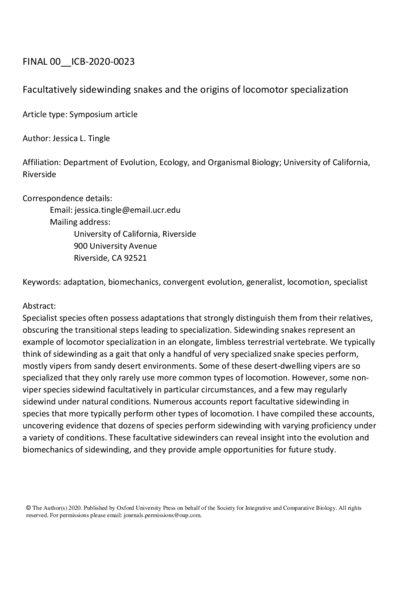 Facultatively Sidewinding Snakes and the Origins of Locomotor Specialization