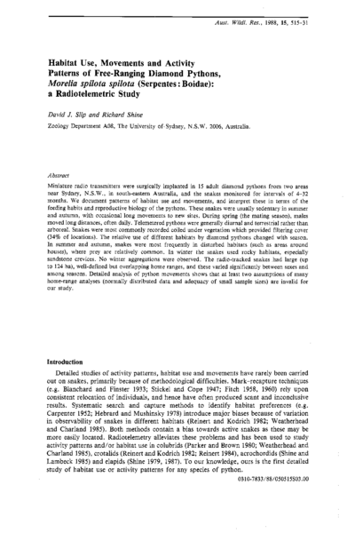 Habitat use, movements and activity patterns of free-ranging Diamond pythons, Morelia spilota spilota (Serpentes: Boidae) - a radiotelemetric study