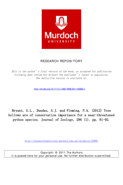 Tree hollows are of conservation importance for a Near Threatened python species