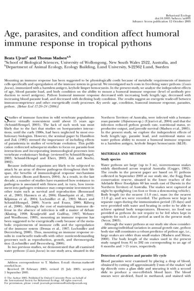 Age, parasites, and condition affect humoral immune response in tropical pythons