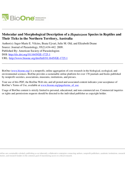 Molecular and Morphological Description of a Hepatozoon Species in Reptiles and Their Ticks in the Northern Territory, Australia