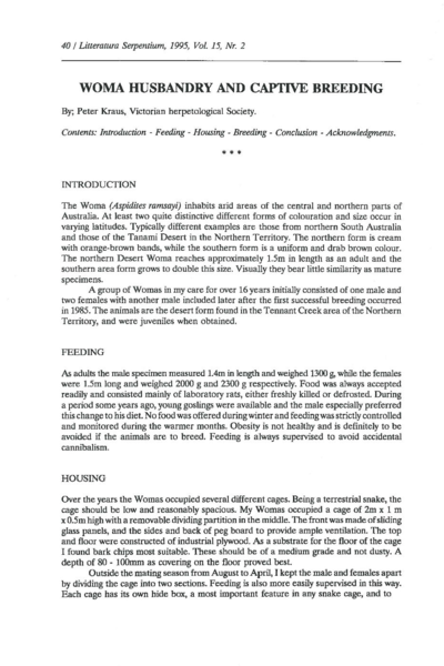 Woma husbandry and captive breeding